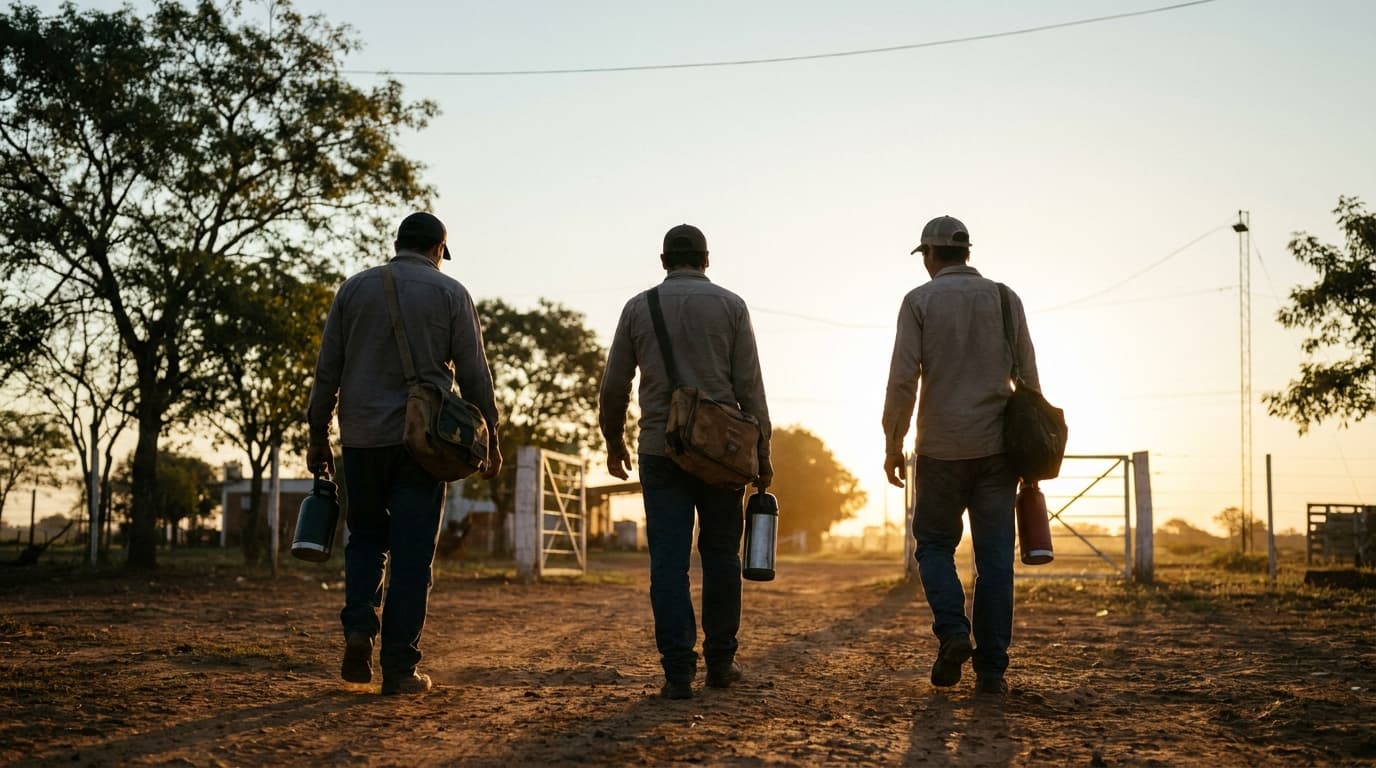 Trabajadores llegando a un predio al amanecer.